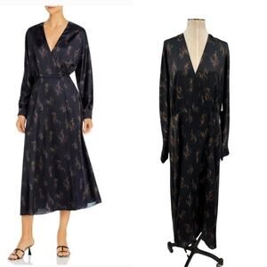 Vince Wisteria Wrap‎ Dress Midi Satin Long Sleeve Black Size XL *Damaged